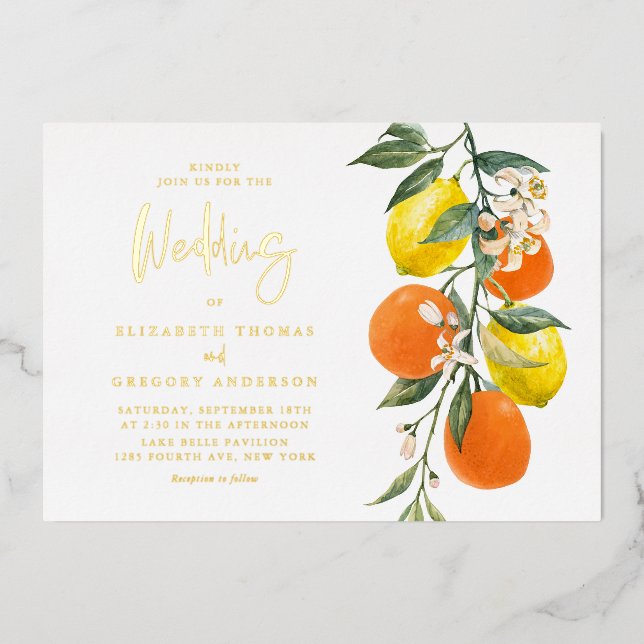 Boho Botanical Lemons and Oranges Garland Wedding Foil Invitation (Front)