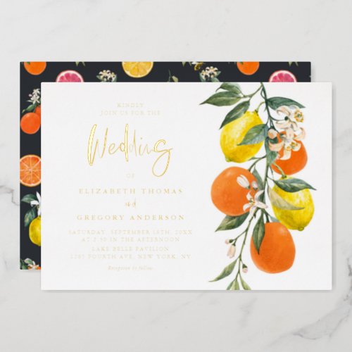 Boho Botanical Lemons and Oranges Garland Wedding Foil Invitation