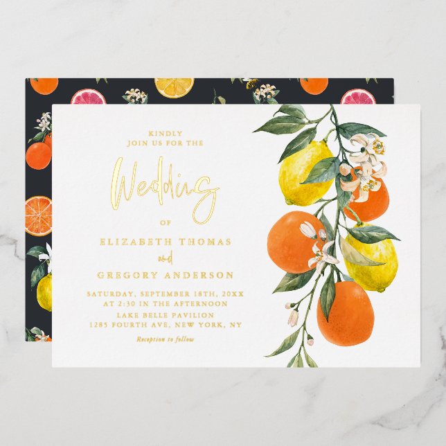 Boho Botanical Lemons and Oranges Garland Wedding Foil Invitation (Front/Back)