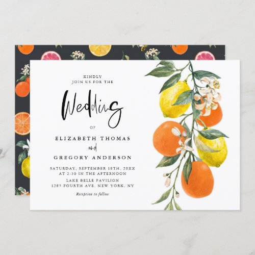 Boho Botanical Lemons and Oranges Garland Wedding Invitation