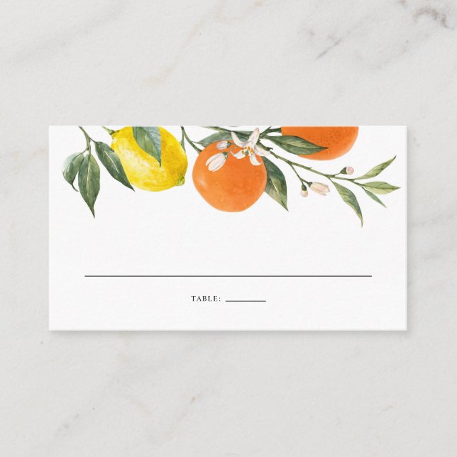 Boho Botanical Lemons and Oranges Summer Wedding Place Card (Front)