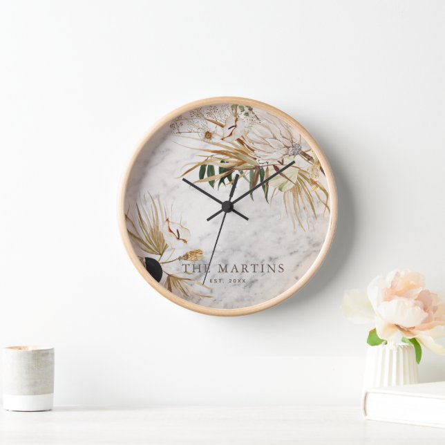 Boho Botanical Marble Family Name Year Established Clock (Home)