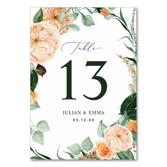 Boho Botanical Neutral Greenery Floral Custom Table Number (Front)