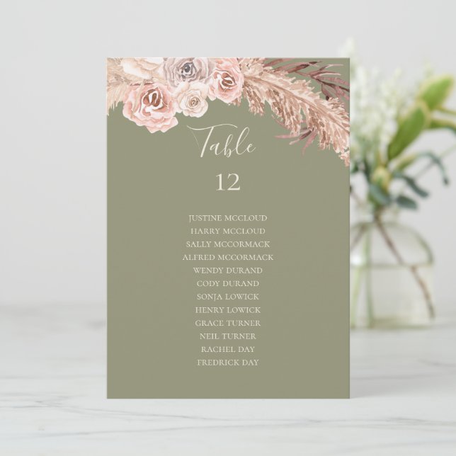 Boho Botanical Olive Green Table Number Chart (Standing Front)
