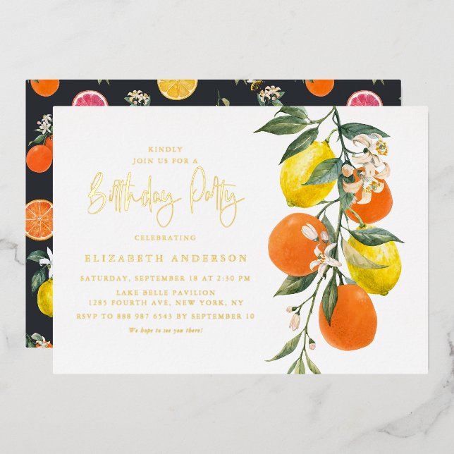 Boho Botanical Orange and Lemon Birthday Party Foil Invitation (Front/Back)