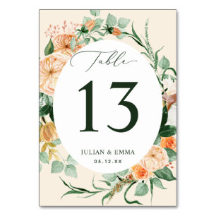 Boho Botanical Peach Greenery Floral Personalized Table Number