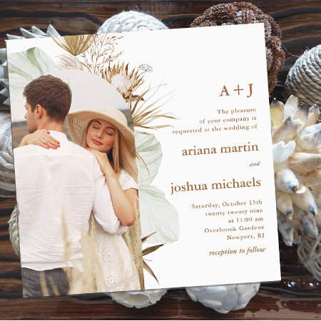 Boho Botanical Photo Frame With Monogram Wedding Invitation
