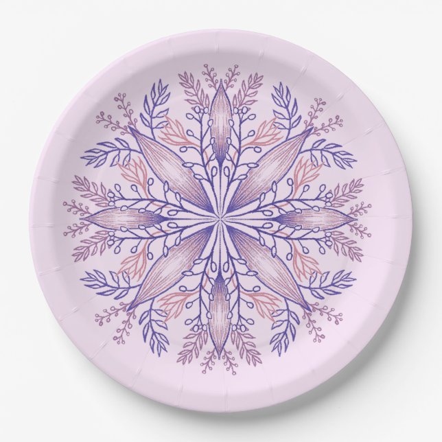 Boho Botanical Purple Fantasy Flower Mandala Paper Plates (Front)