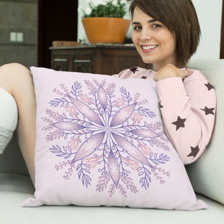 Boho Botanical Purple Fantasy Flower Mandala Throw Pillow
