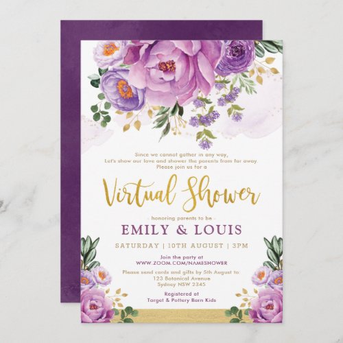 Boho Botanical Purple Floral Virtual Baby Shower Invitation