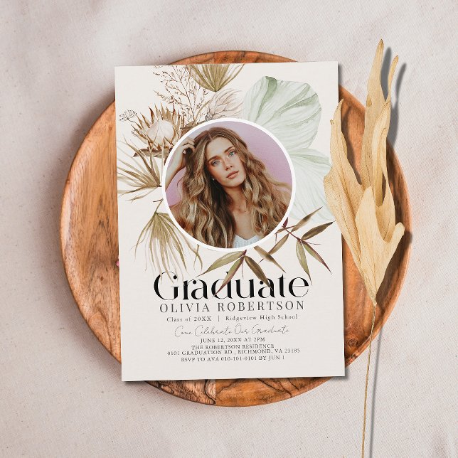 Boho Botanical Reviera Earthy Photo Graduation Invitation (Creator Uploaded)