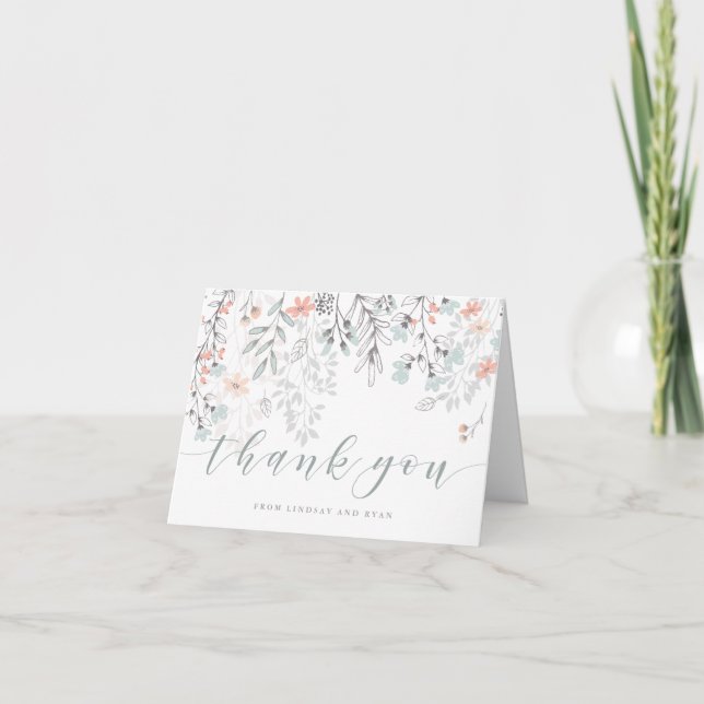 Boho Botanical Rustic Coral and Gray | Thank You Card (Front)