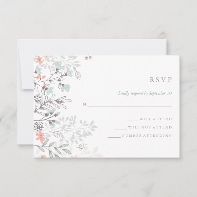 Boho Botanical Rustic Wedding Coral and Gray RSVP (Front)