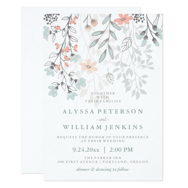 Boho Botanical Rustic Wedding In Coral And Gray Invitation
