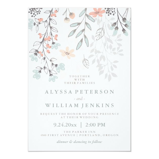 Boho Botanical Rustic Wedding In Coral And Gray Invitation