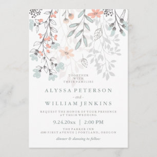 Boho Botanical Rustic Wedding in Coral and Gray Invitation