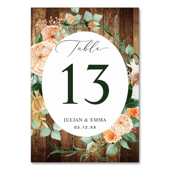 Boho Botanical Rustic Wood Floral Personalized Table Number (Front)