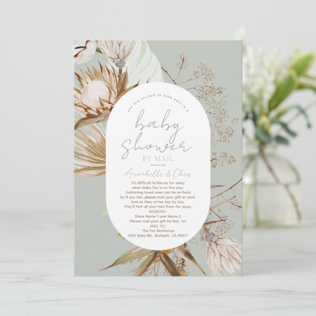 Boho Botanical Sage Baby Shower by Mail Invitation (Standing Front)