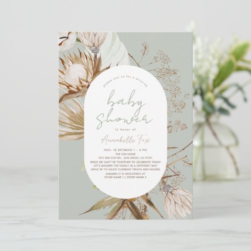 Boho Botanical Sage Drive_by Baby Shower Invitation