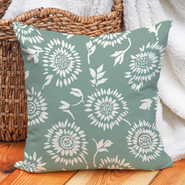 Boho Botanical Sage Green Cream Sunflowers Throw Pillow (Boho Botanical Sage Green Cream Sunflowers Throw Pillow)