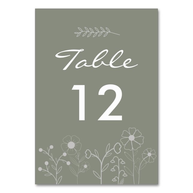 Boho Botanical Sage Green Wildflower Wedding Table Number (Front)