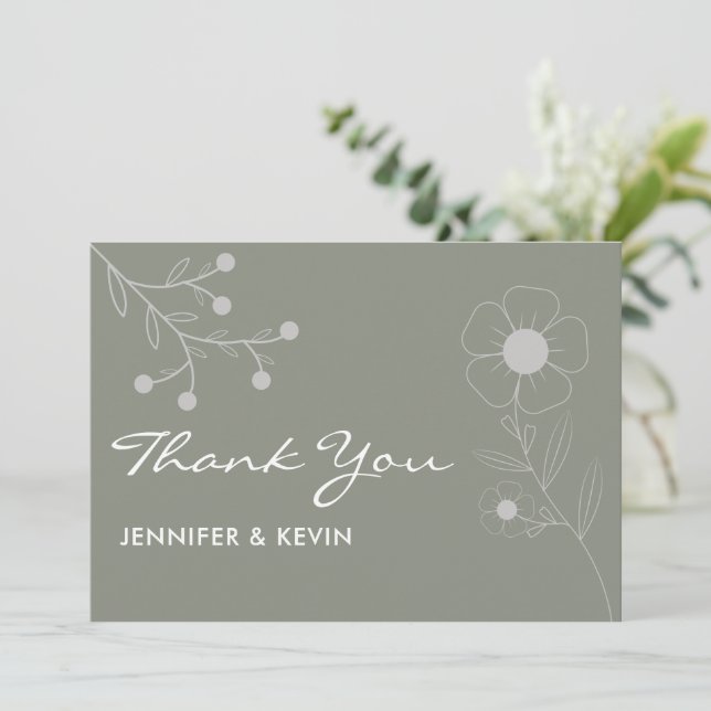 Boho Botanical Sage Green Wildflower Wedding Thank You Card (Standing Front)