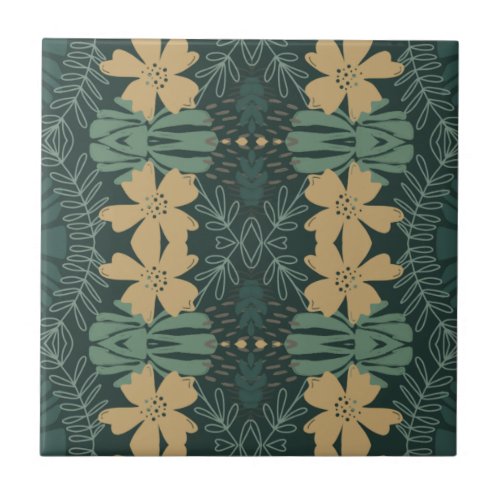 Boho Botanical Sage Green Yellow Pattern Ceramic Tile