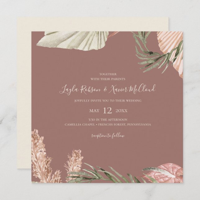 Boho Botanical | Simple Dusty Rose Square Wedding Invitation (Front/Back)