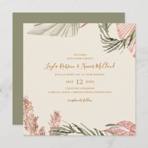 Boho Botanical  Simple Olive Green Square Wedding Invitation