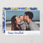 Boho Botanical Simple Script Photo Happy Hanukkah Holiday Card<br><div class="desc">Simple Boho Modern Script Happy Hanukkah Photo Holiday Card with Botanical Back in Blue and Yellow</div>