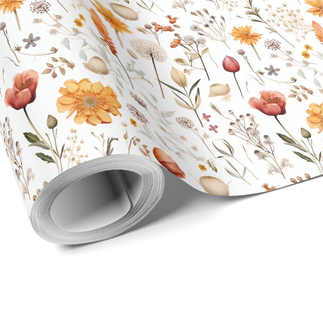 Boho Botanical Vintage Pressed Flowers Pattern Wrapping Paper (Roll Corner)
