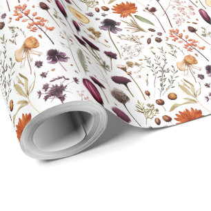 Boho Botanical Vintage Pressed Flowers Pattern Wrapping Paper