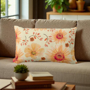 Boho Botanical Watercolor Cream Orange Floral Lumbar Pillow