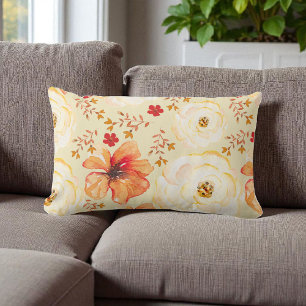 Boho Botanical Watercolor Cream Orange Floral Lumbar Pillow