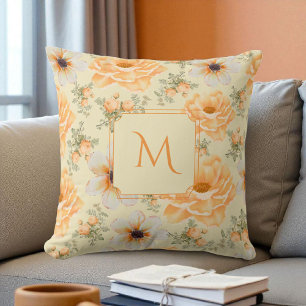Boho Botanical Watercolor Cream Orange Floral  Throw Pillow