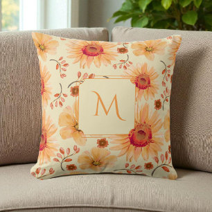 Boho Botanical Watercolor Cream Orange Floral Throw Pillow
