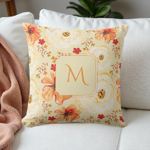 Boho Botanical Watercolor Cream Orange Floral Throw Pillow
