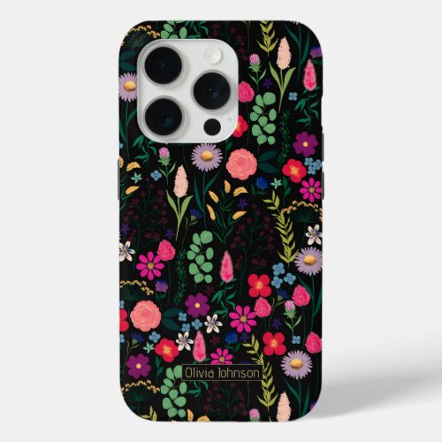 Boho Botanical Watercolor Flowers Black iPhone 15 Pro Case