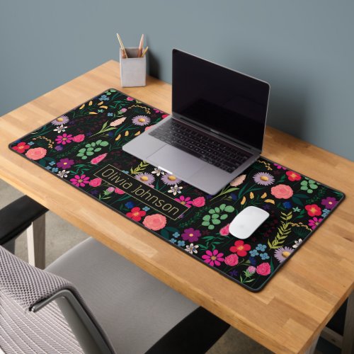 Boho Botanical Watercolor Flowers Black Desk Mat