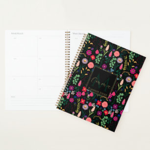 Boho Botanical Watercolor Flowers Black Planner