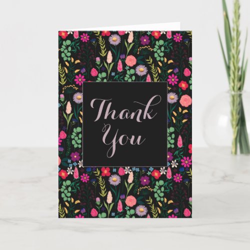 Boho Botanical Watercolor Flowers Black Thank You Card