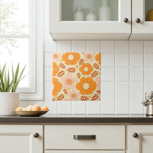 Boho Botanical Watercolor Orange Floral Ceramic Tile