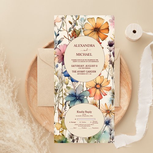 Boho Botanical Watercolor Wildflowers Wedding All In One Invitation