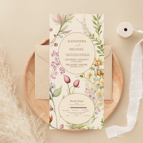 Boho Botanical Watercolor Wildflowers Wedding All In One Invitation