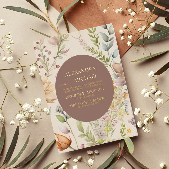 Boho Botanical Watercolor Wildflowers Wedding Foil Invitation (Creator Uploaded)