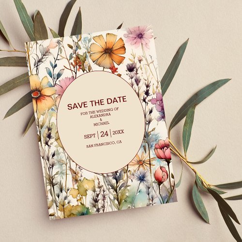 Boho Botanical Watercolor Wildflowers Wedding Save The Date