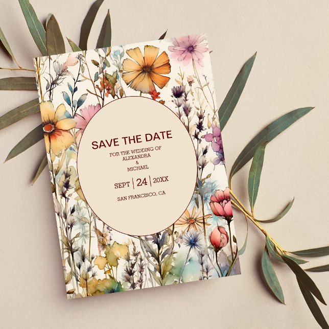 Boho Botanical Watercolor Wildflowers Wedding Save The Date (Creator Uploaded)