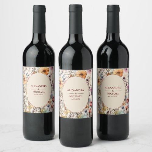 Boho Botanical Watercolor Wildflowers Wedding Wine Label