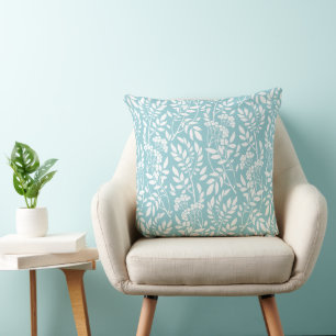 Boho Botanical White Foliage Aqua Blue Throw Pillow