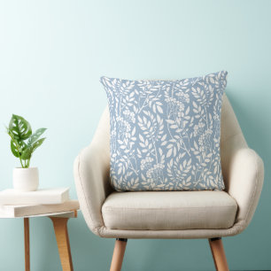 Boho Botanical White Foliage Dusty Blue Throw Pillow